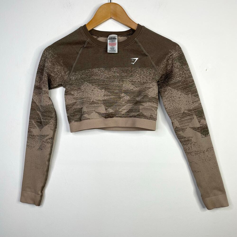 Gymshark Adapt Ombre Lifting Crop Top Long Sleeve Brown geometric Print Womens S